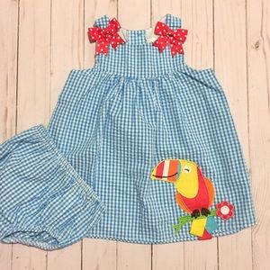 Emily Rose Parrot Appliqué Blue Gongham Dress Set